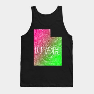 Colorful mandala art map of Utah with text in pink and green Tank Top